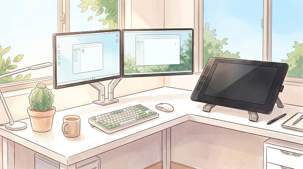 白いL字デスクにマルチモニターと液晶ペンタブレットが並ぶ、水彩画風のイラスト